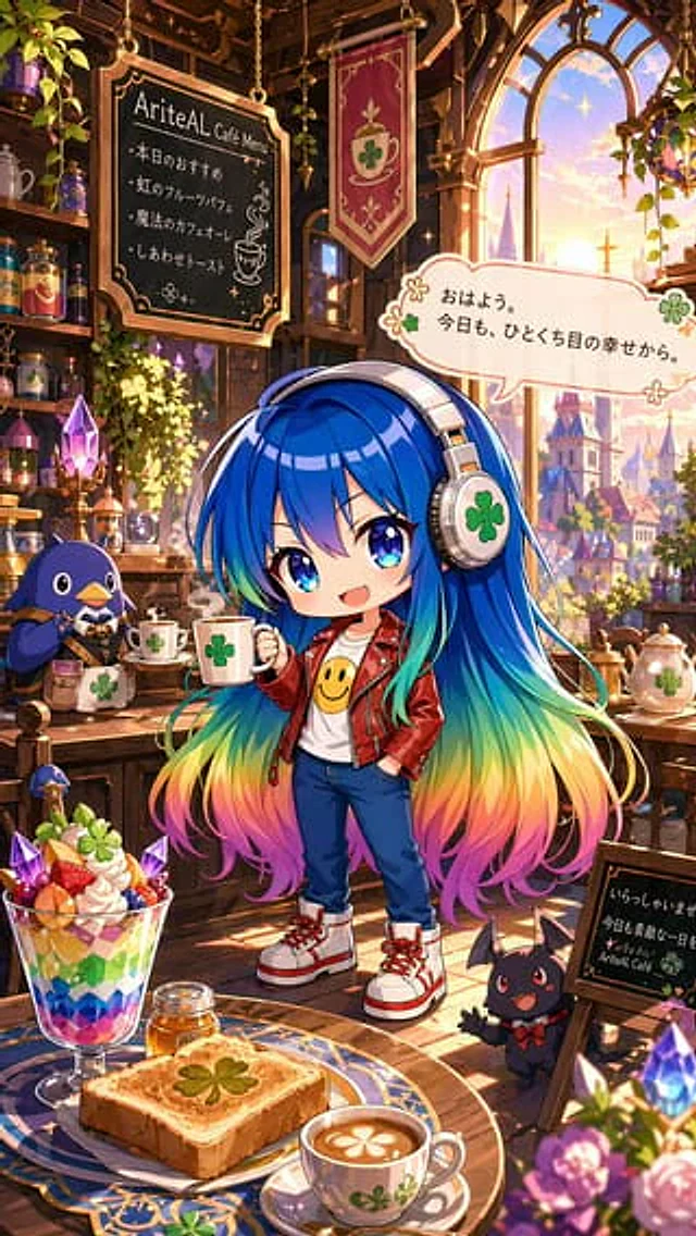 Example generated from “Magical Chibi Cafe Mascot at Sunrise”