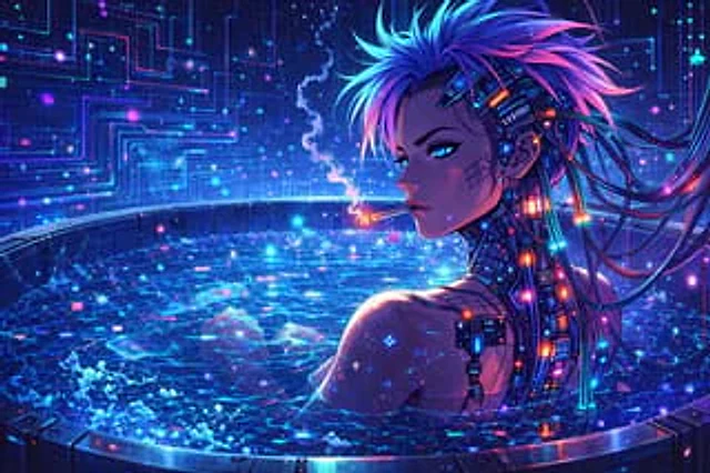 Example generated from “Cyberpunk Anime Character in Neon Tub”