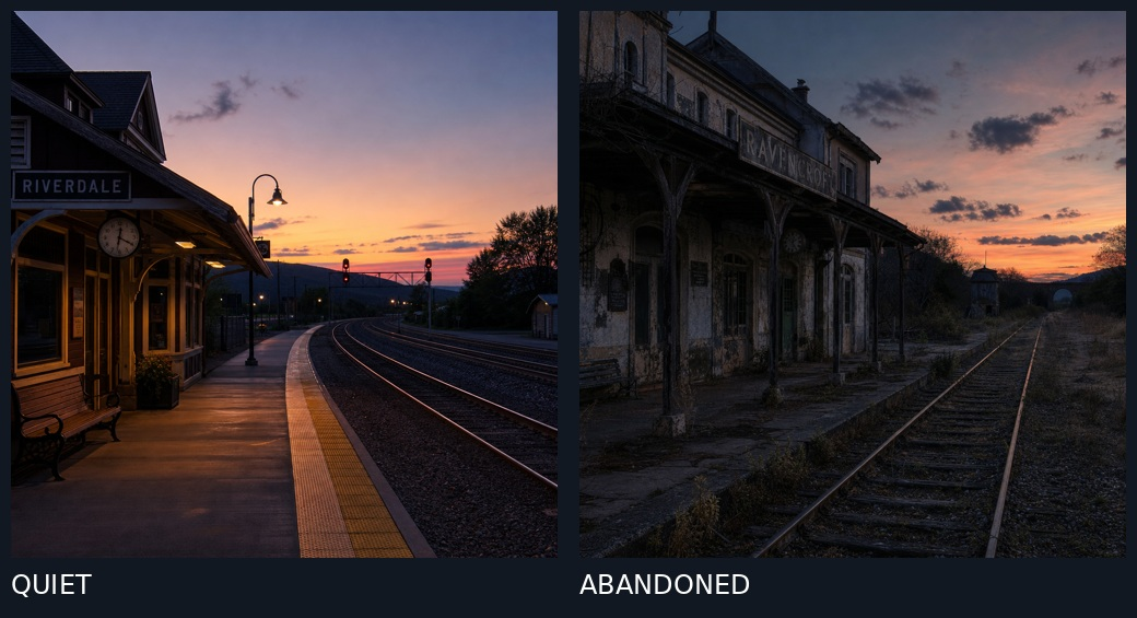Example generated from “Quiet vs Abandoned Train Station Comparison”