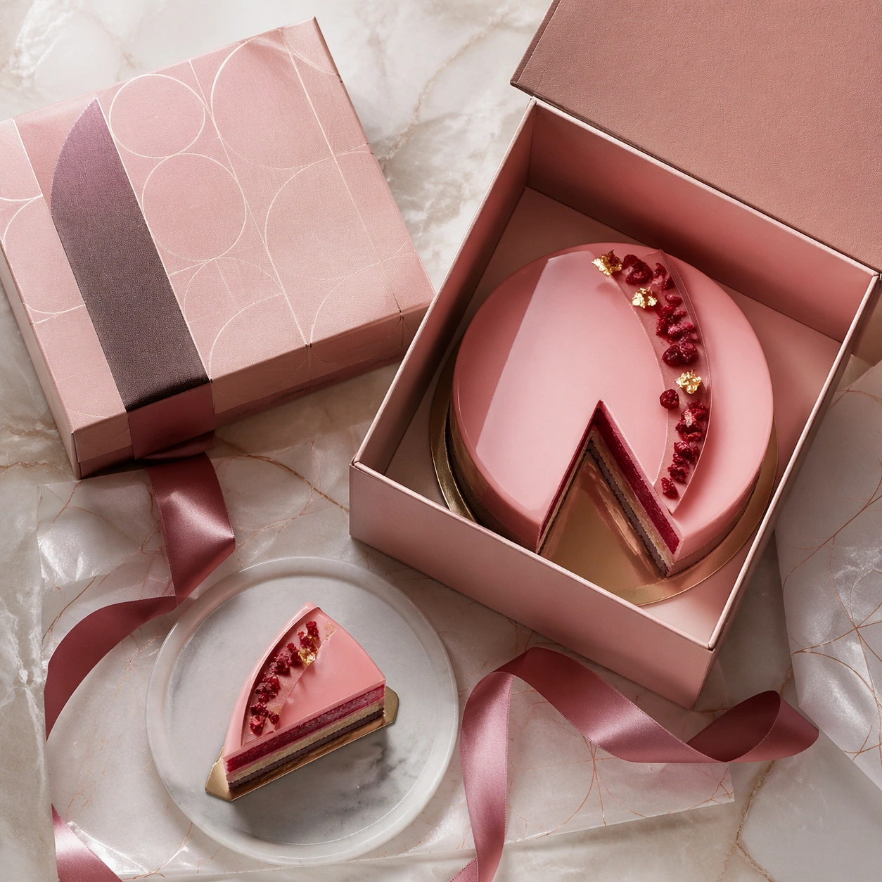 Pink Patisserie Cake Box Flatlay — ChaosRealmsAI · MIT