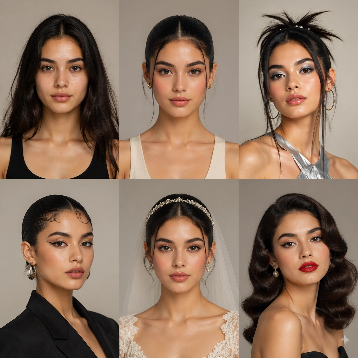 Six-Look Beauty Styling Comparison — ChaosRealmsAI · MIT