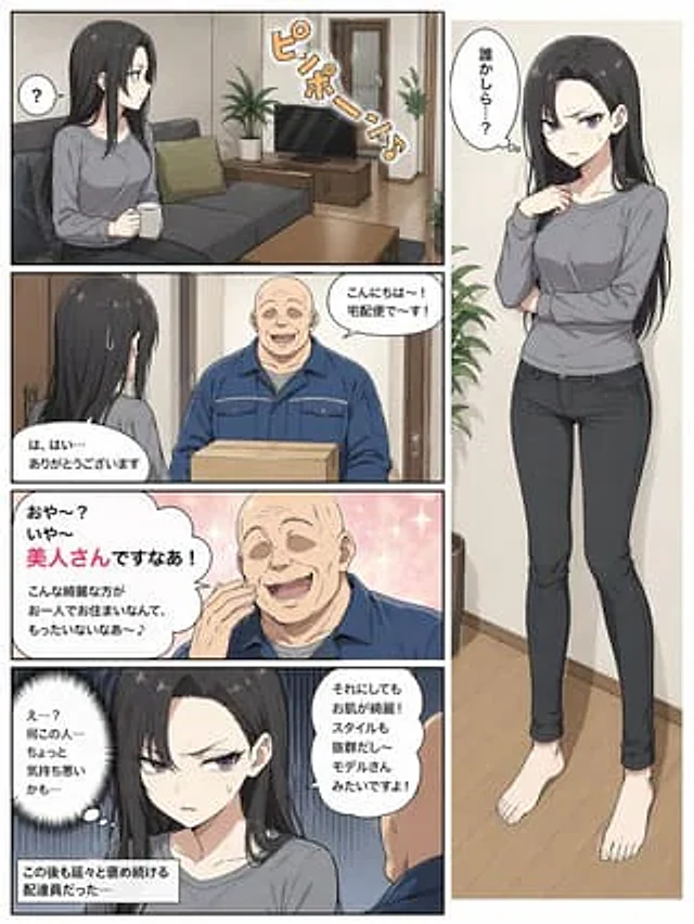 Example generated from “5-Panel Manga Page: Creepy Delivery Man”