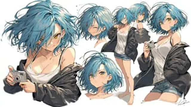 Example generated from “Blue-Haired Anime Character Sheet”