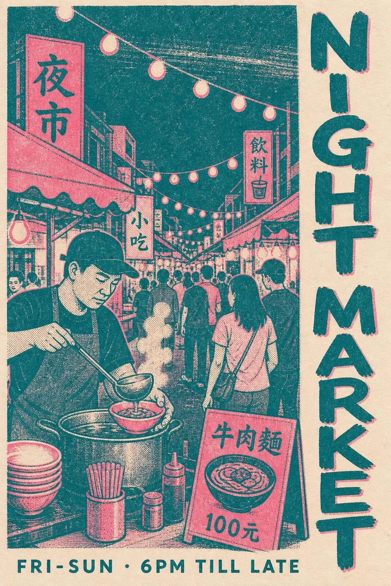 Example generated from “Risograph Poster Of A Night Market”