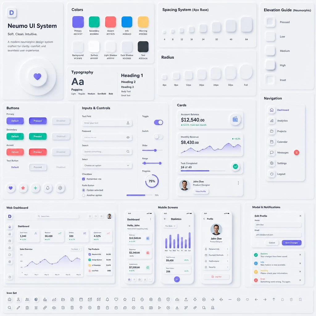 Neumorphic UI Design-system Concept Board — ClawLabs AI · MIT