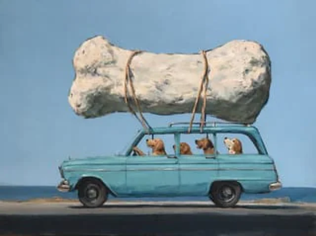 Example generated from “Dogs Carrying Giant Bone by the Sea”