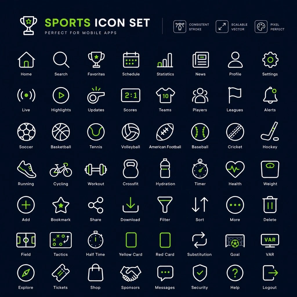 Sports App Icon Sheet Concept — Raster Preview — ClawLabs AI · MIT