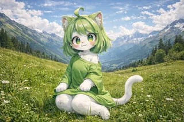 Example generated from “Anime Cat-Girl in Realistic Alpine Meadow”