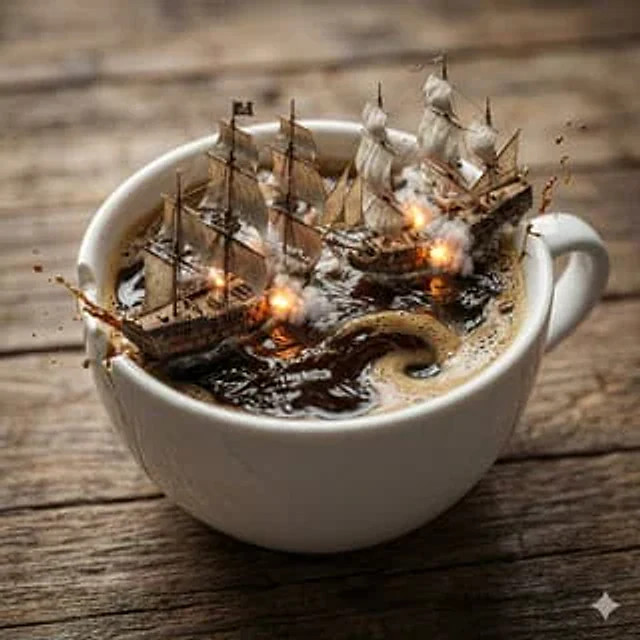 Example generated from “Pirate Sea Battle Inside a Coffee Cup”