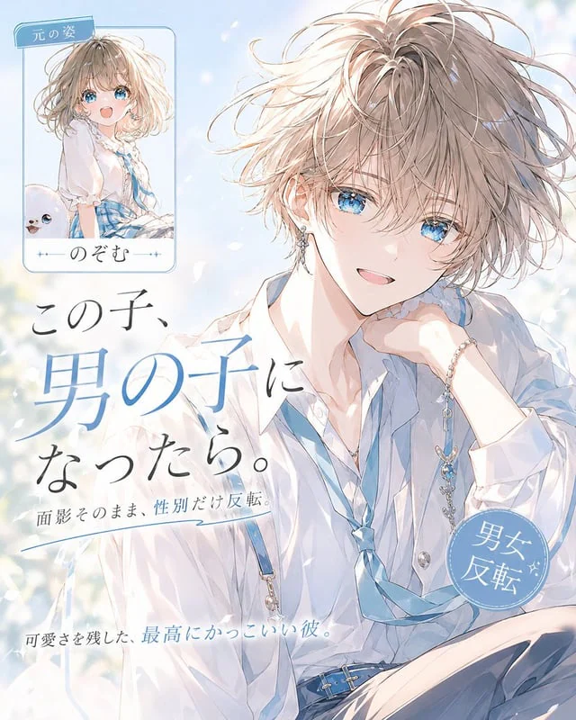 Example generated from “Anime Gender Swap Before After Poster”