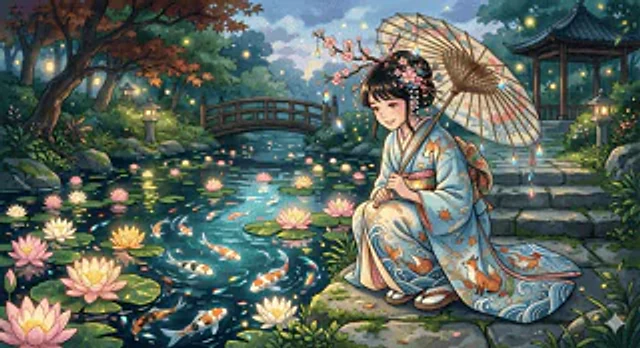Example generated from “Dreamy Kimono Woman by a Koi Pond”