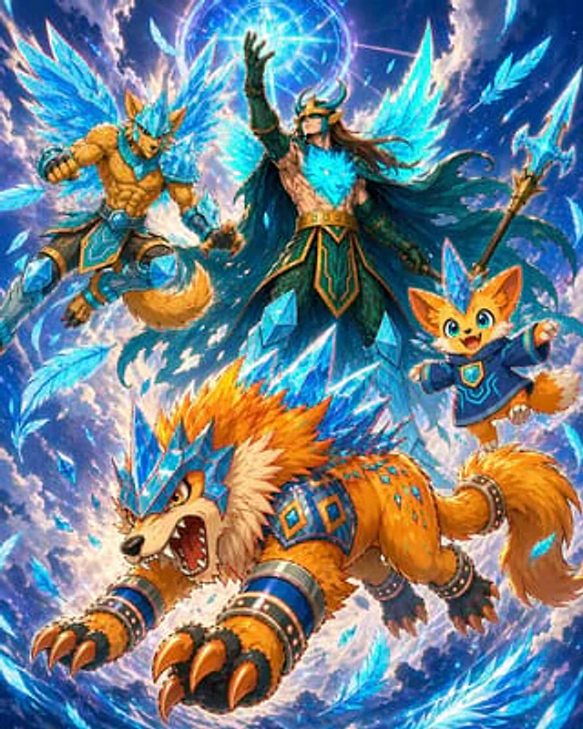 Example generated from “Epic Anime Warrior with Crystal Wolf Companions”