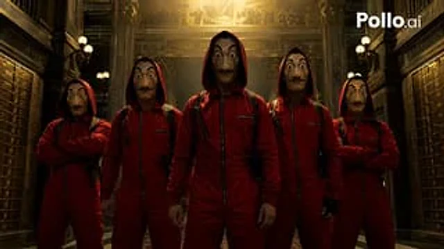 Example generated from “Cinematic Red Heist Team in Bank”