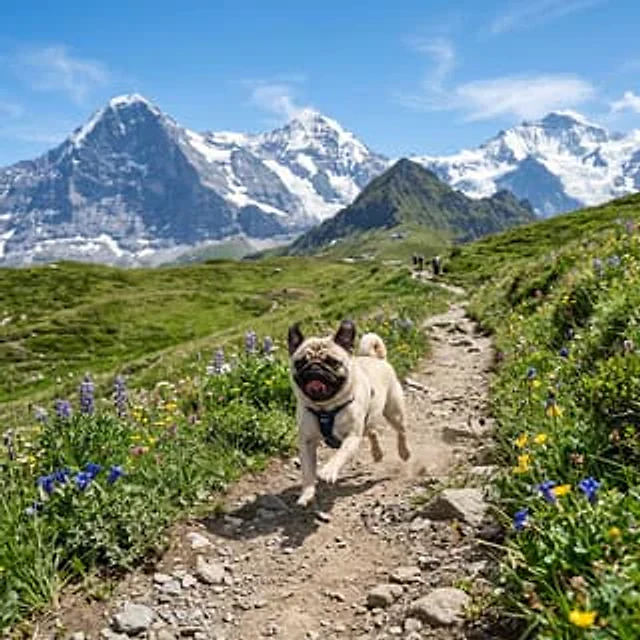 Example generated from “Pug Running on Alpine Trail”