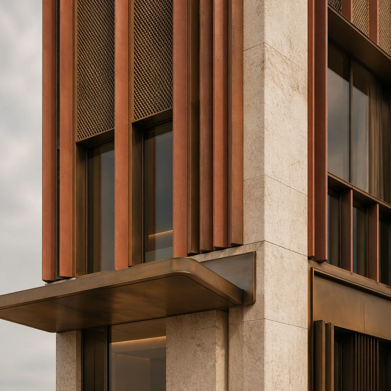 Terracotta and Bronze Facade Material Panel — ChaosRealmsAI · MIT