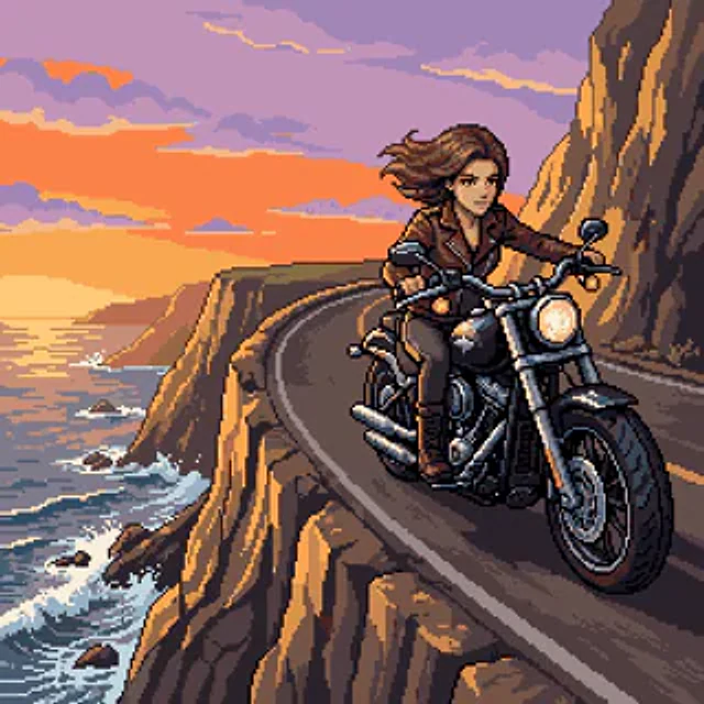 Example generated from “Woman Riding Motorcycle on Cliff Road”