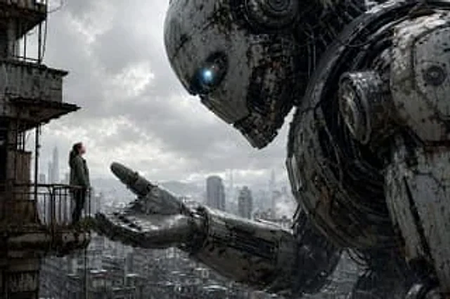 Example generated from “Giant Robot Meets Woman on Balcony”