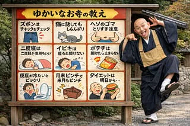 Example generated from “Humorous Temple Signboard with Goofy Monk”