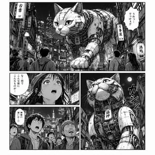 Example generated from “Cyberpunk Manga Page of a Giant Robot Cat”
