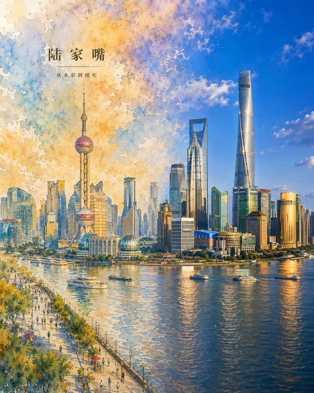 Example generated from “《虚实交融城市画报》提示词：

请生成一张「虚实交融 · 城市印象」风格的竖版城市海报，主题为【城市”
