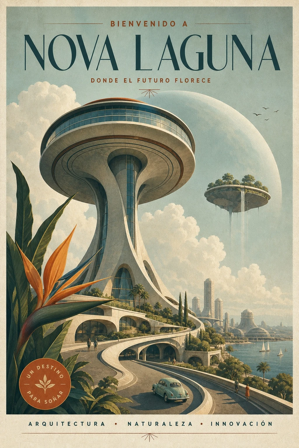 Dreamlike Futuristic City Poster — Spanish-lettered Preview — ClawLabs AI · MIT