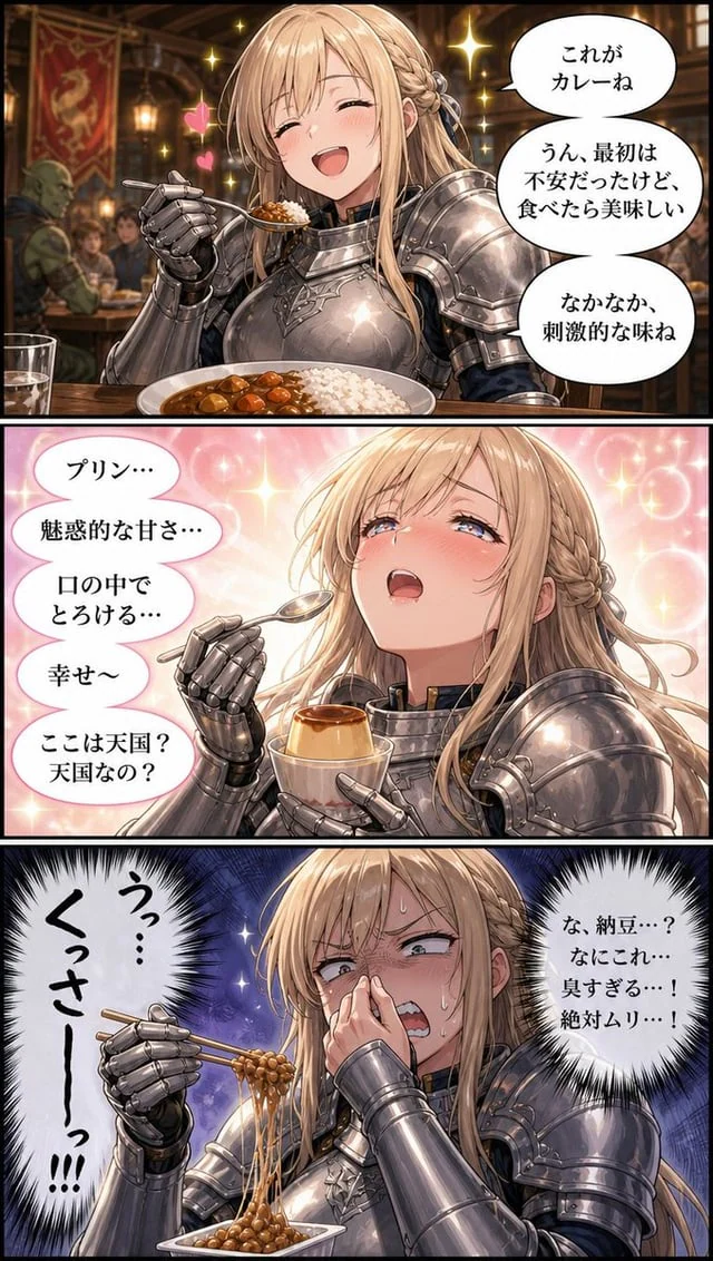 Example generated from “Fantasy Knight Food Reaction Manga”