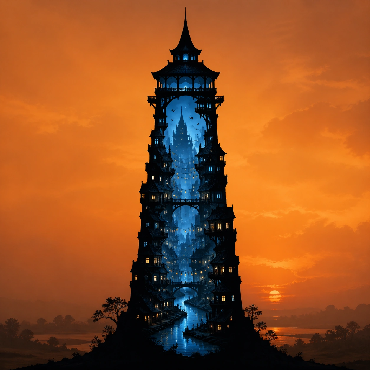 A Blue City Inside a Dusk Tower — ChaosRealmsAI · MIT