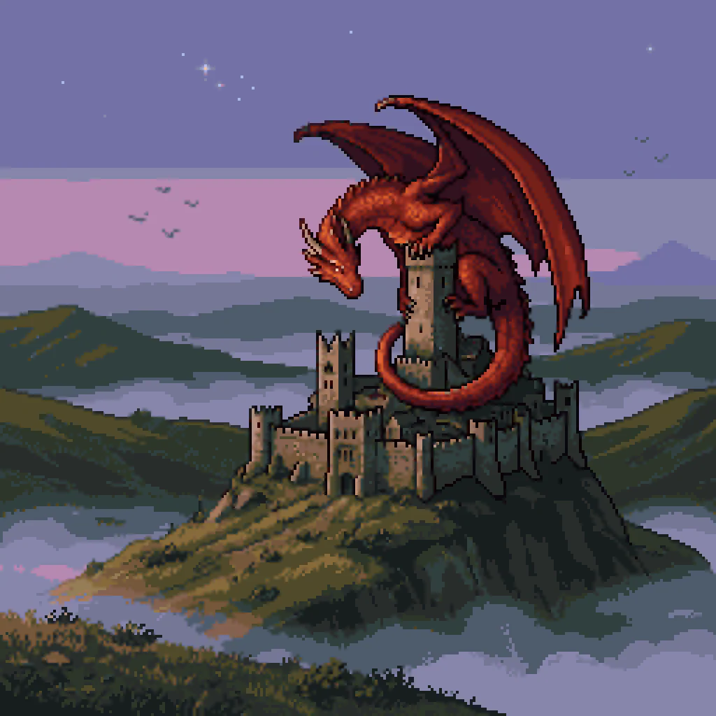 Example generated from “Pixel Art Dragon on Castle”