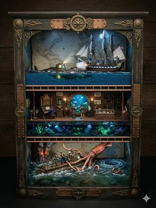 Example generated from “Ornate Box Diorama Prompt for Twenty Thousand Leagues Under the Sea”