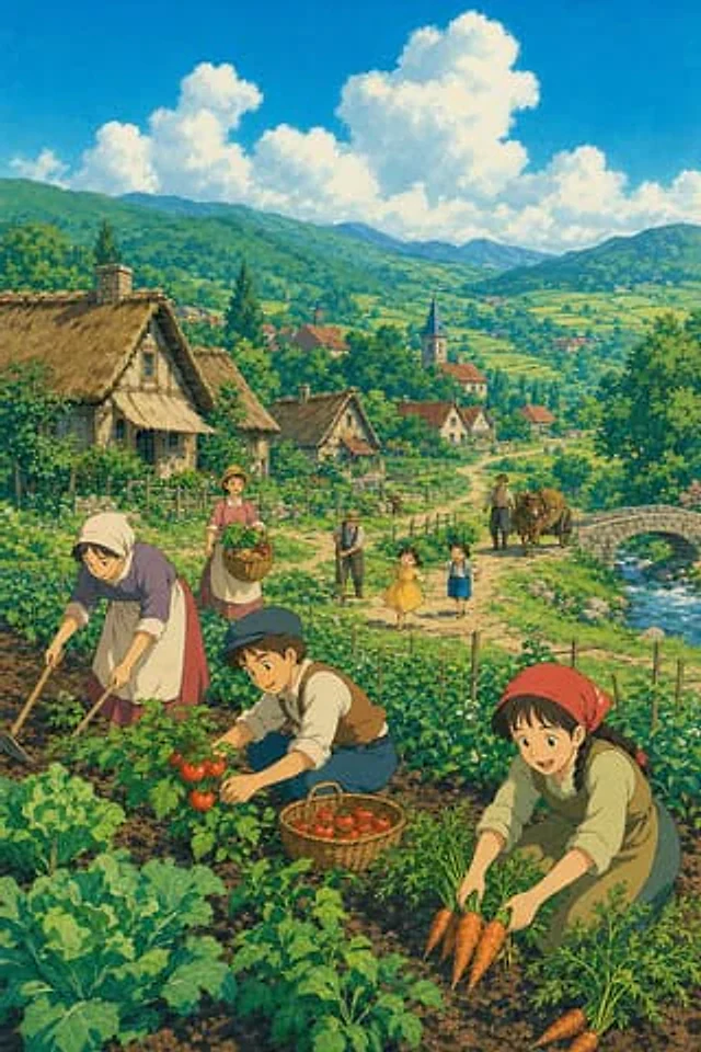 Example generated from “Ghibli Style Pastoral Village”