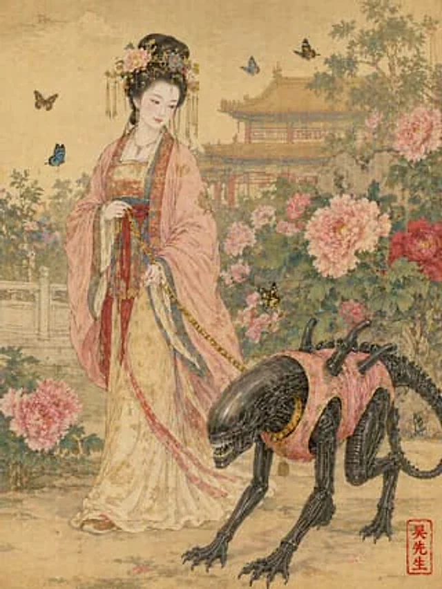 Example generated from “唐朝贵妇遛粉色马甲异形工笔画”