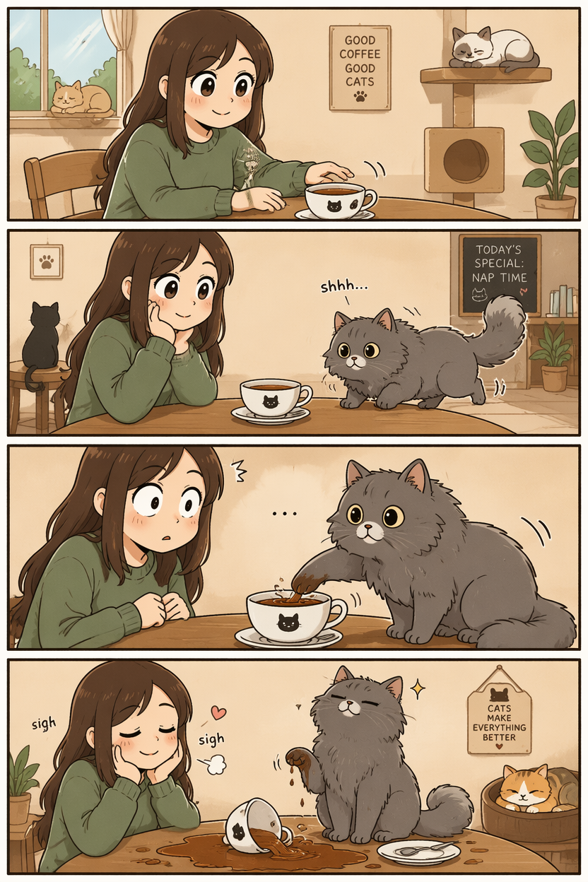 Example generated from “Cat Cafe Mischief 4-Koma — API Models · CC BY 4.0”
