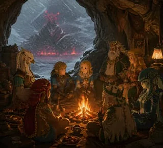 Example generated from “Fantasy Campfire Before a Crimson Mountain”
