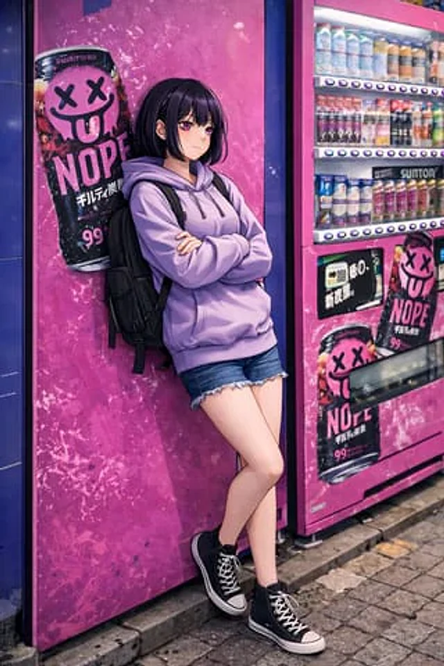 Example generated from “Anime Girl Leaning on Vending Machine”
