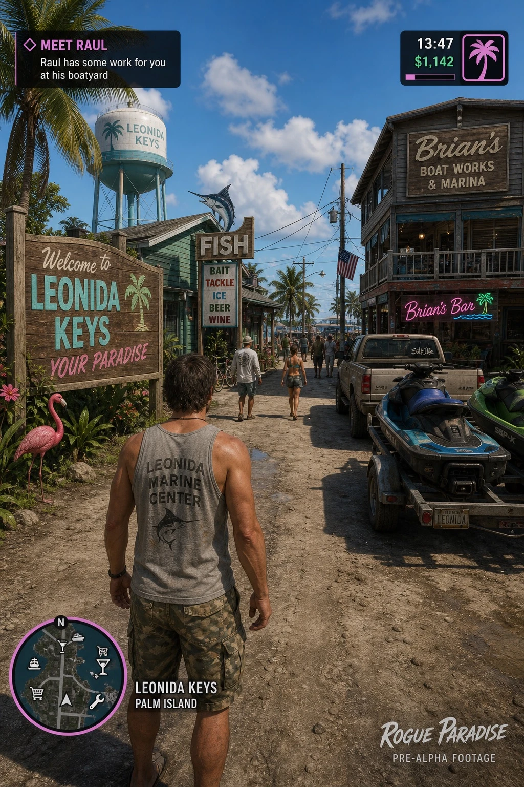 Fictional Tropical Open-world Game HUD — ClawLabs AI · MIT