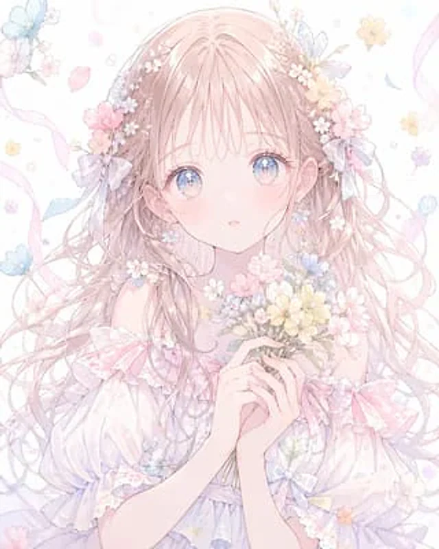 Example generated from “Pastel Faceless Floral Anime Portrait”