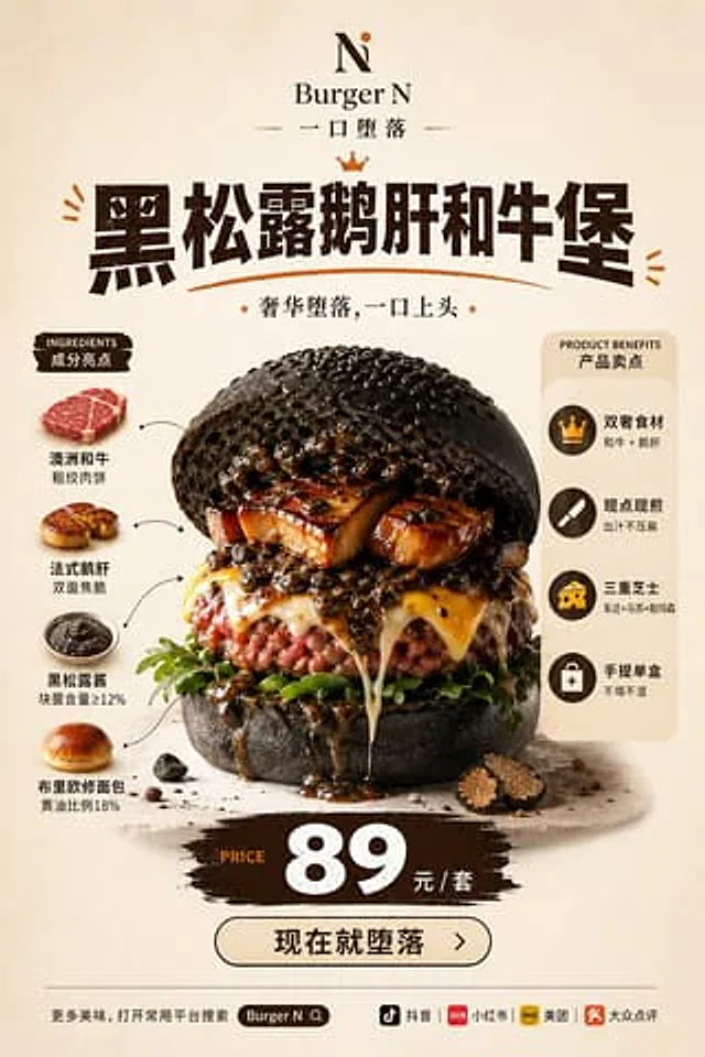 Example generated from “Luxury Truffle Wagyu Burger Poster”