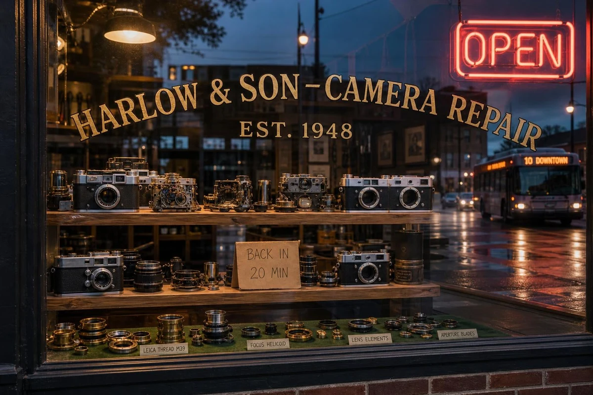 Example generated from “Vintage Camera Repair Shop Window”