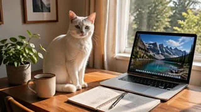 Example generated from “Sunlit Desk with White Cat and Laptop”