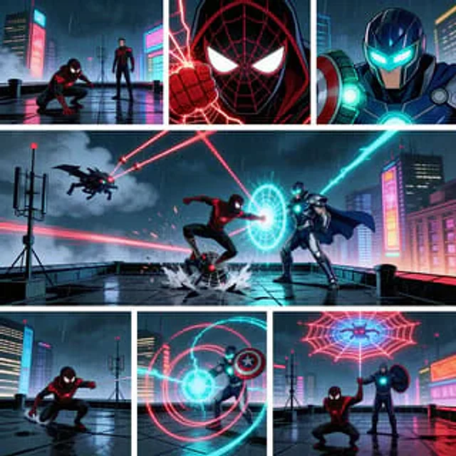 Example generated from “Rainy Cyberpunk Superhero Comic Page”