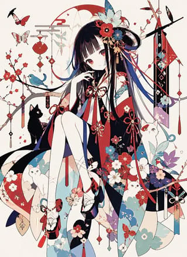 Example generated from “Ornamental Kimono Girl with Cats”