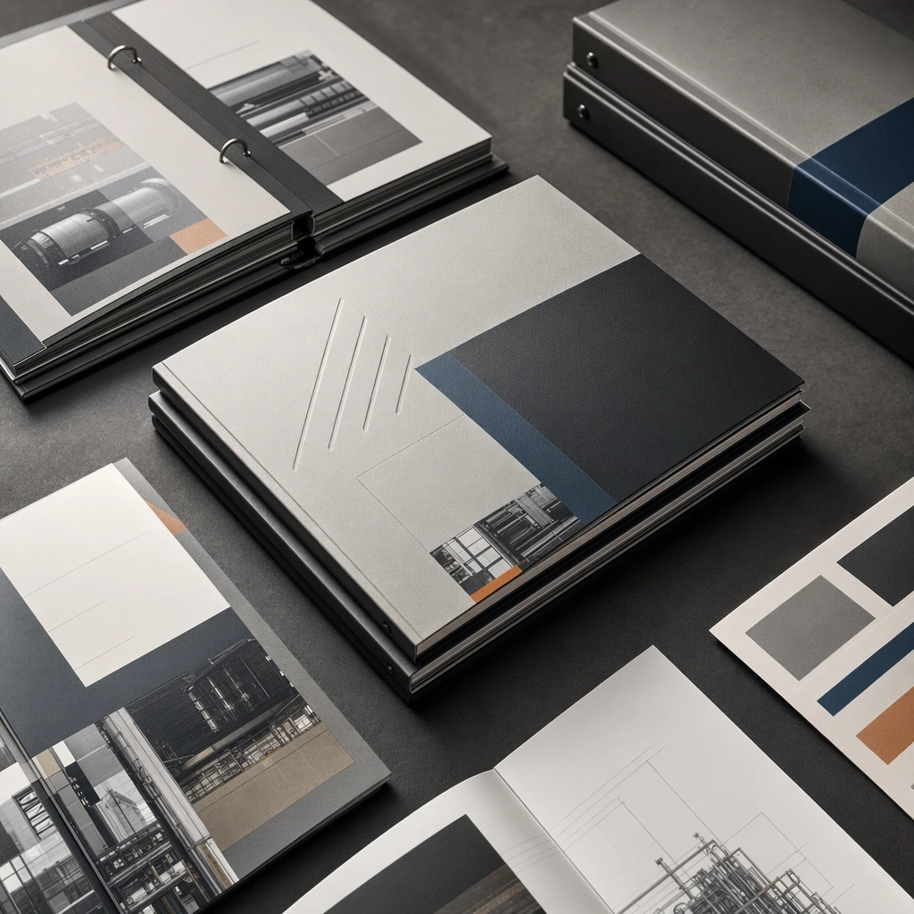 Industrial Catalog Binder Cover Stack — ChaosRealmsAI · MIT
