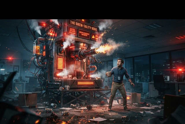 Example generated from “YouTube Thumbnail - Sci-Fi Coffee Machine Boss Battle”