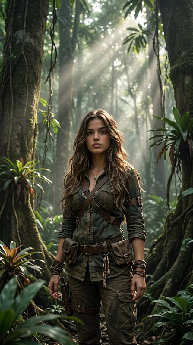 Example generated from “Profile / Avatar - Cinematic Tropical Forest Survival Portrait”