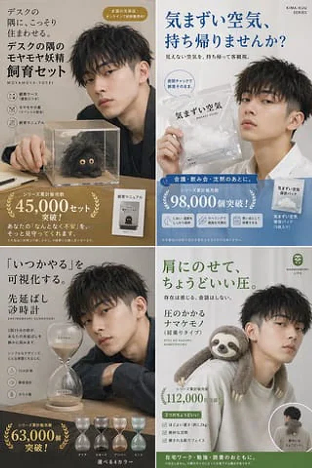 Example generated from “Japanese Absurd Lifestyle Ad Grid”