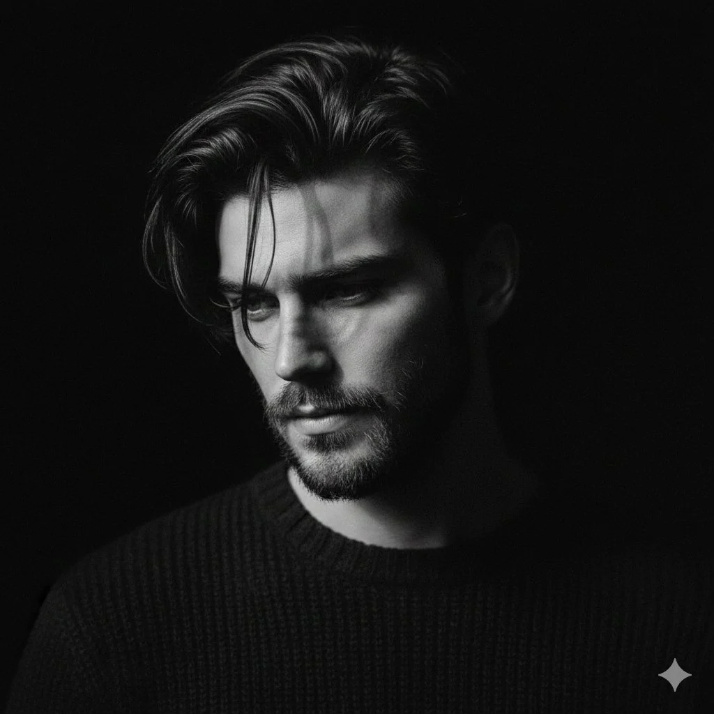 Rembrandt-lit monochrome fashion portrait