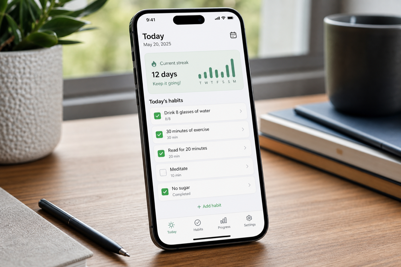 Example generated from “Style demo · App mockup — habit-tracker iOS app”