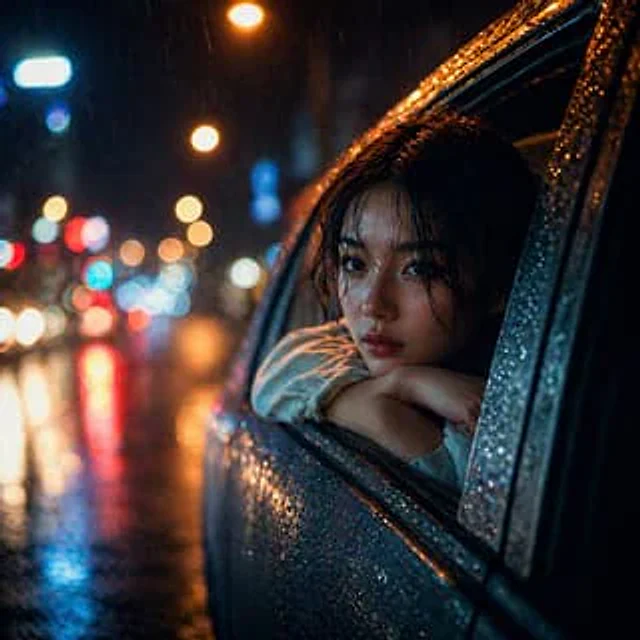 Example generated from “Rainy Night Woman Leaning from Car”