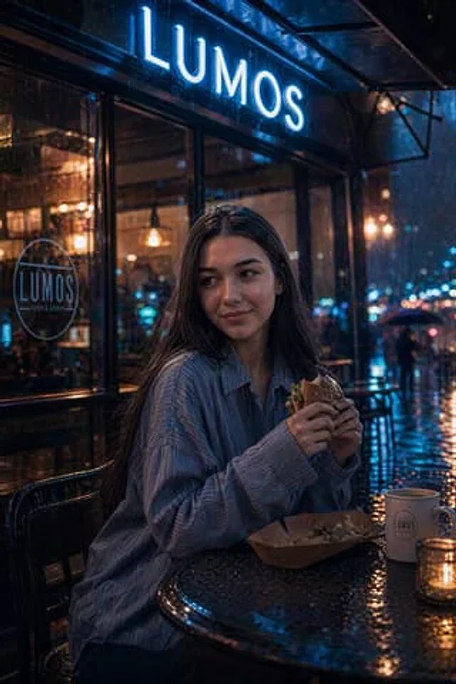Example generated from “Cinematic neon cafe night”