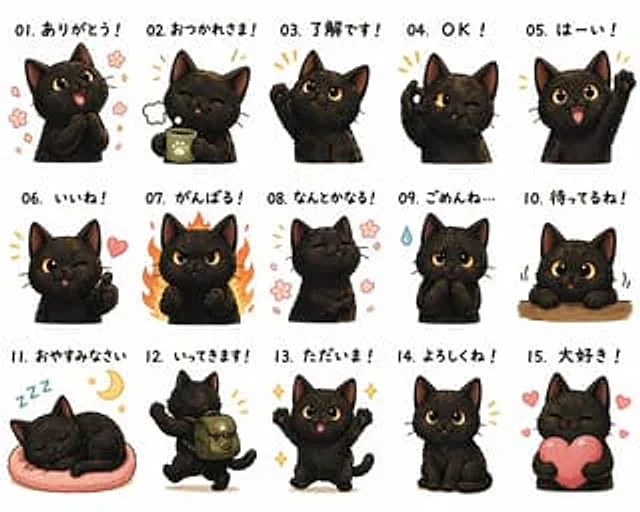 Example generated from “Cute Black Cat Japanese Sticker Sheet”